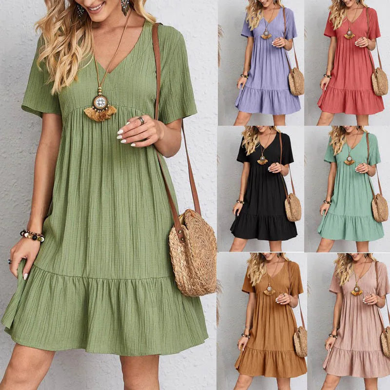 Pleated Loose Summer-Dress Fashion Solid Baggy Women V Neck Short Sleeved