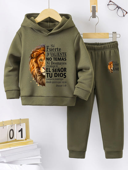 Set of Boys Sports style casual comfort fashion pattern printed warm fleece hoodie and tracksuit pants.